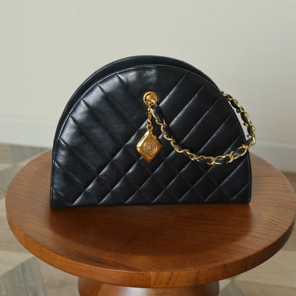 Chanel Vintage Black Lambskin Matelasse Quilted Half Moon Shoulder Bag