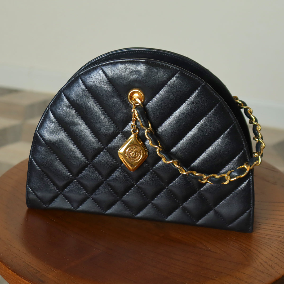 Chanel Vintage Black Lambskin Matelasse Quilted Half Moon Shoulder Bag