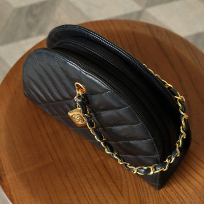 Chanel Vintage Black Lambskin Matelasse Quilted Half Moon Shoulder Bag