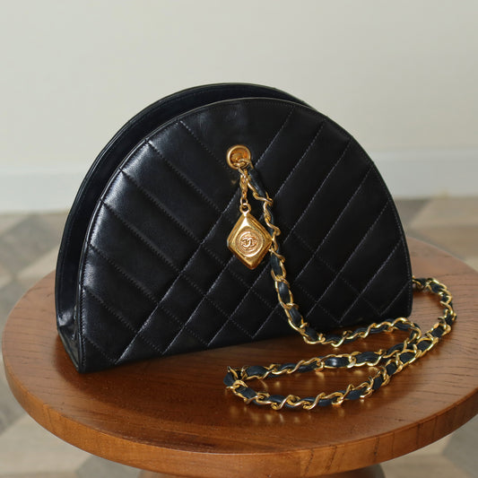 Chanel Vintage Black Lambskin Matelasse Quilted Half Moon Shoulder Bag