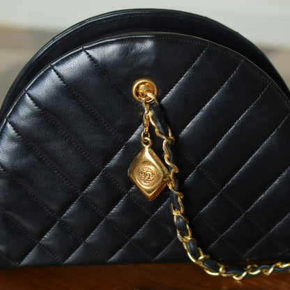 Chanel Vintage Black Lambskin Matelasse Quilted Half Moon Shoulder Bag