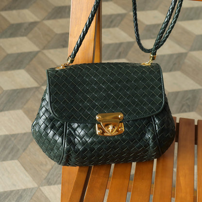 Bottega Veneta Vintage Alpi Green Intrecciato Gold Turn lock Braided Strap Shoulder Crossbody Bag