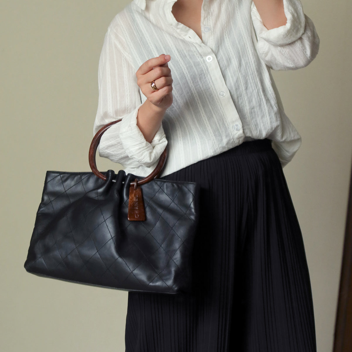 Chanel Vintage Black Lambskin Stitched Wood Resin Top Handle Weekend Bag