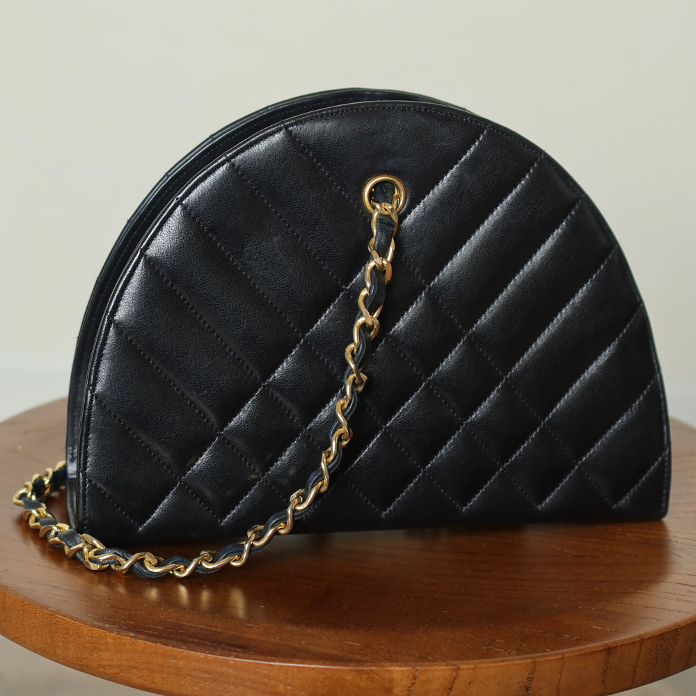Chanel Vintage Black Lambskin Matelasse Quilted Half Moon Shoulder Bag