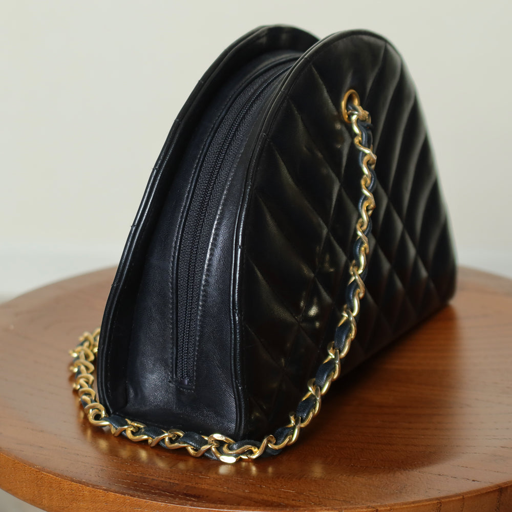 Chanel Vintage Black Lambskin Matelasse Quilted Half Moon Shoulder Bag