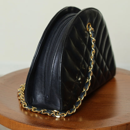 Chanel Vintage Black Lambskin Matelasse Quilted Half Moon Shoulder Bag