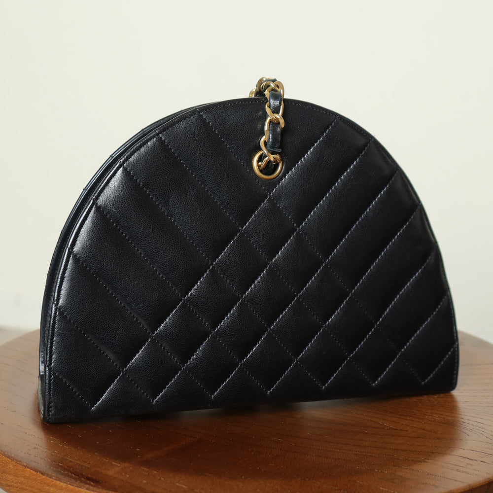 Chanel Vintage Black Lambskin Matelasse Quilted Half Moon Shoulder Bag
