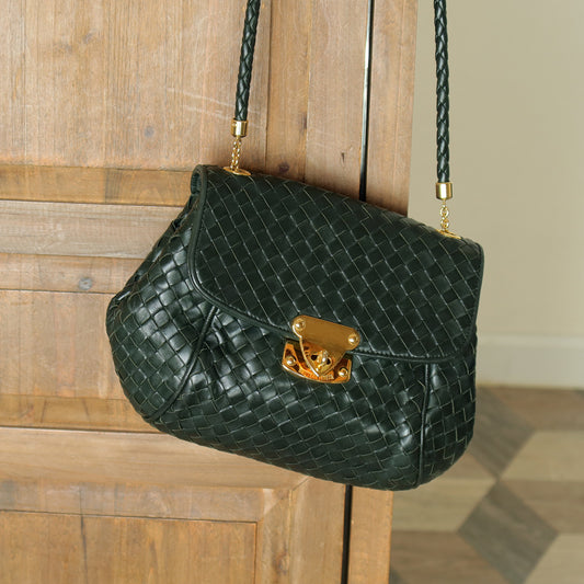 Bottega Veneta Vintage Alpi Green Intrecciato Gold Turn lock Braided Strap Shoulder Crossbody Bag