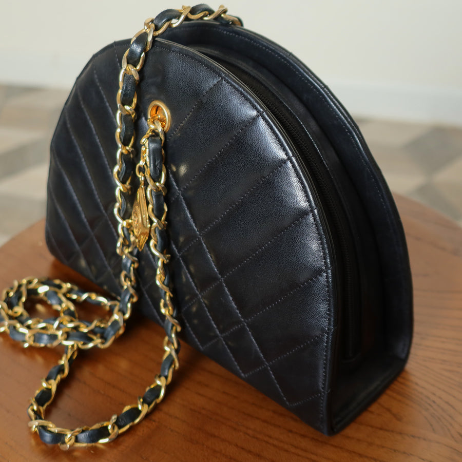 Chanel Vintage Black Lambskin Matelasse Quilted Half Moon Shoulder Bag