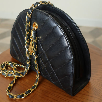 Chanel Vintage Black Lambskin Matelasse Quilted Half Moon Shoulder Bag