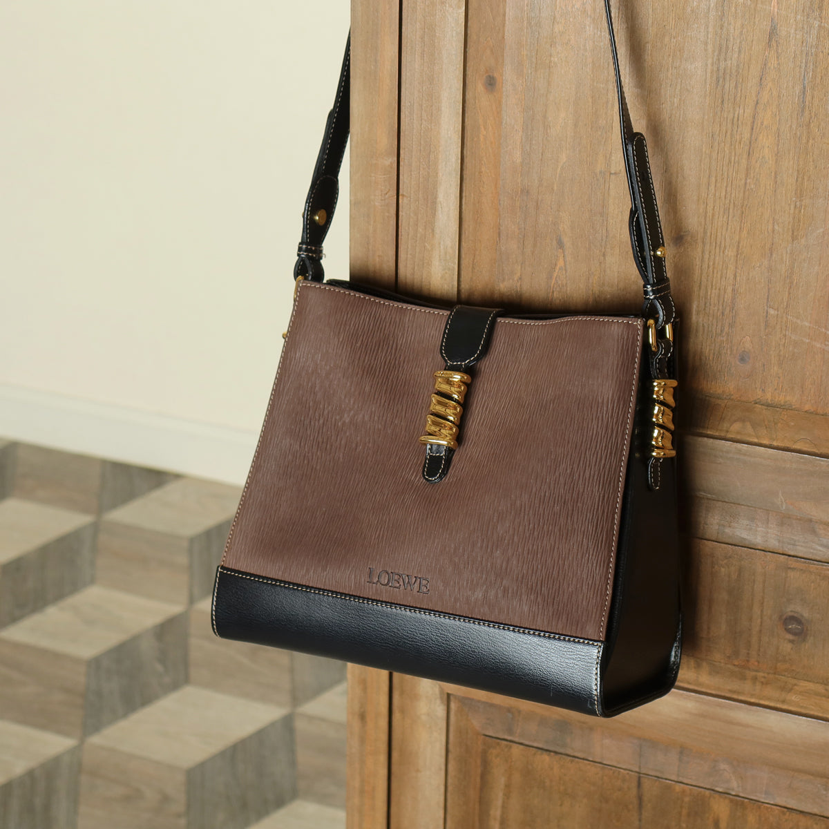 Loewe Vintage Dark Brown Dual Tone Velazquez Leather Anagram Crossbody Bag