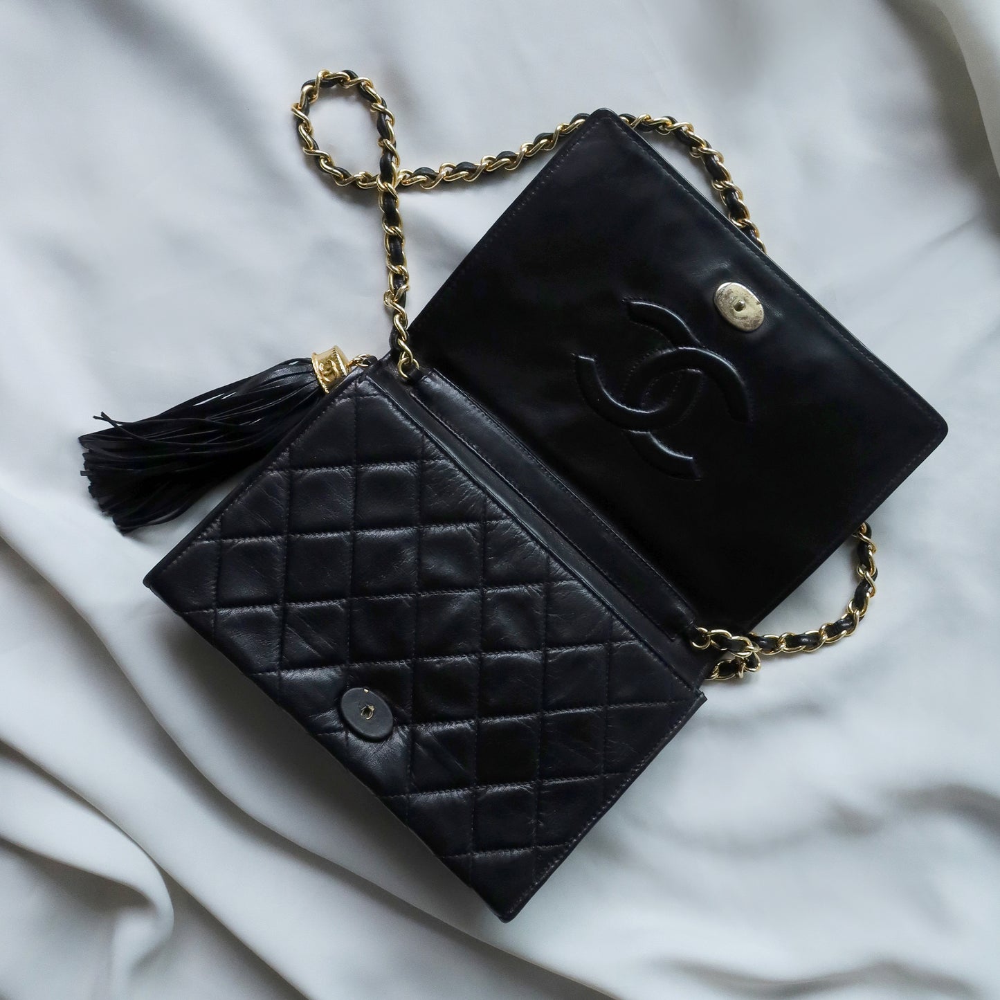 Chanel Vintage Diamond Quilted Lambskin Tassel Flap Bag