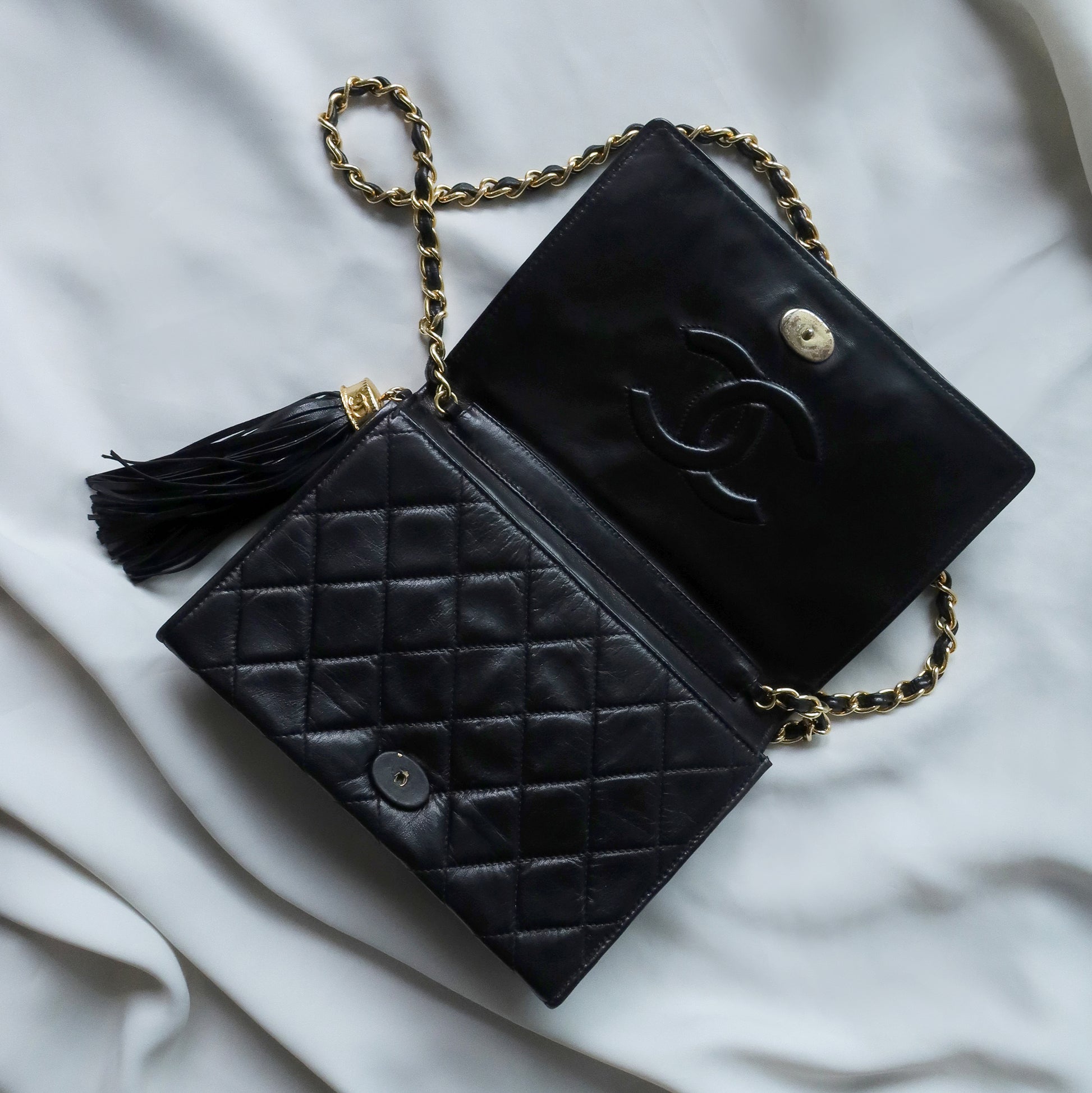 Chanel Vintage Diamond Quilted Lambskin Tassel Flap Bag