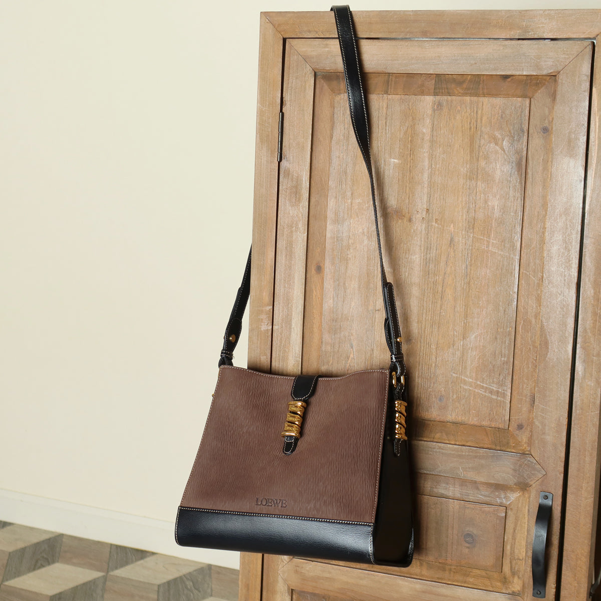 Loewe Vintage Dark Brown Dual Tone Velazquez Leather Anagram Crossbody Bag