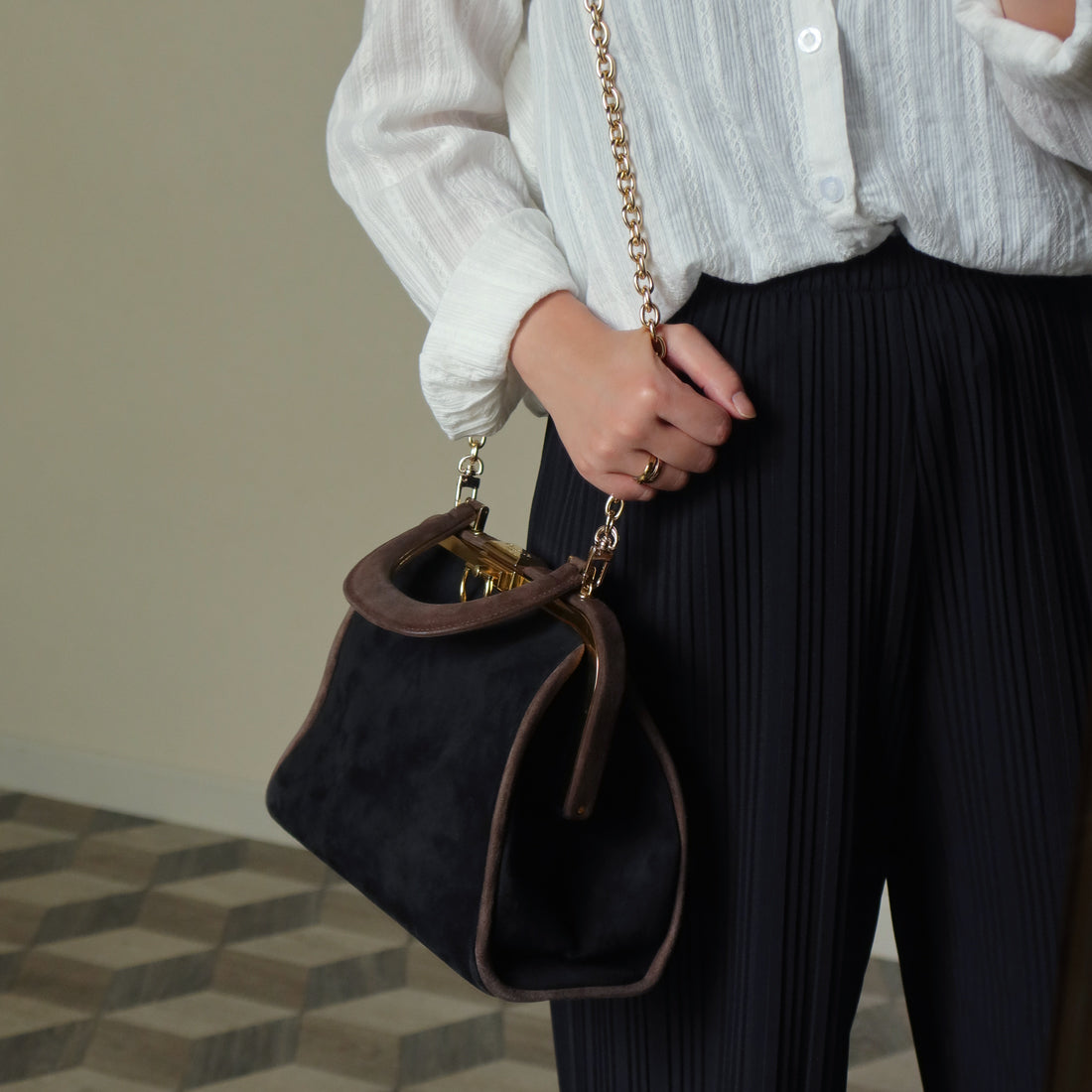 Vintage Christian Dior 90s Brown Black Suede Leather Kiss Lock 2-way Trapeze Bag
