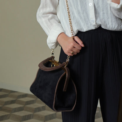 Vintage Christian Dior 90s Brown Black Suede Leather Kiss Lock 2-way Trapeze Bag