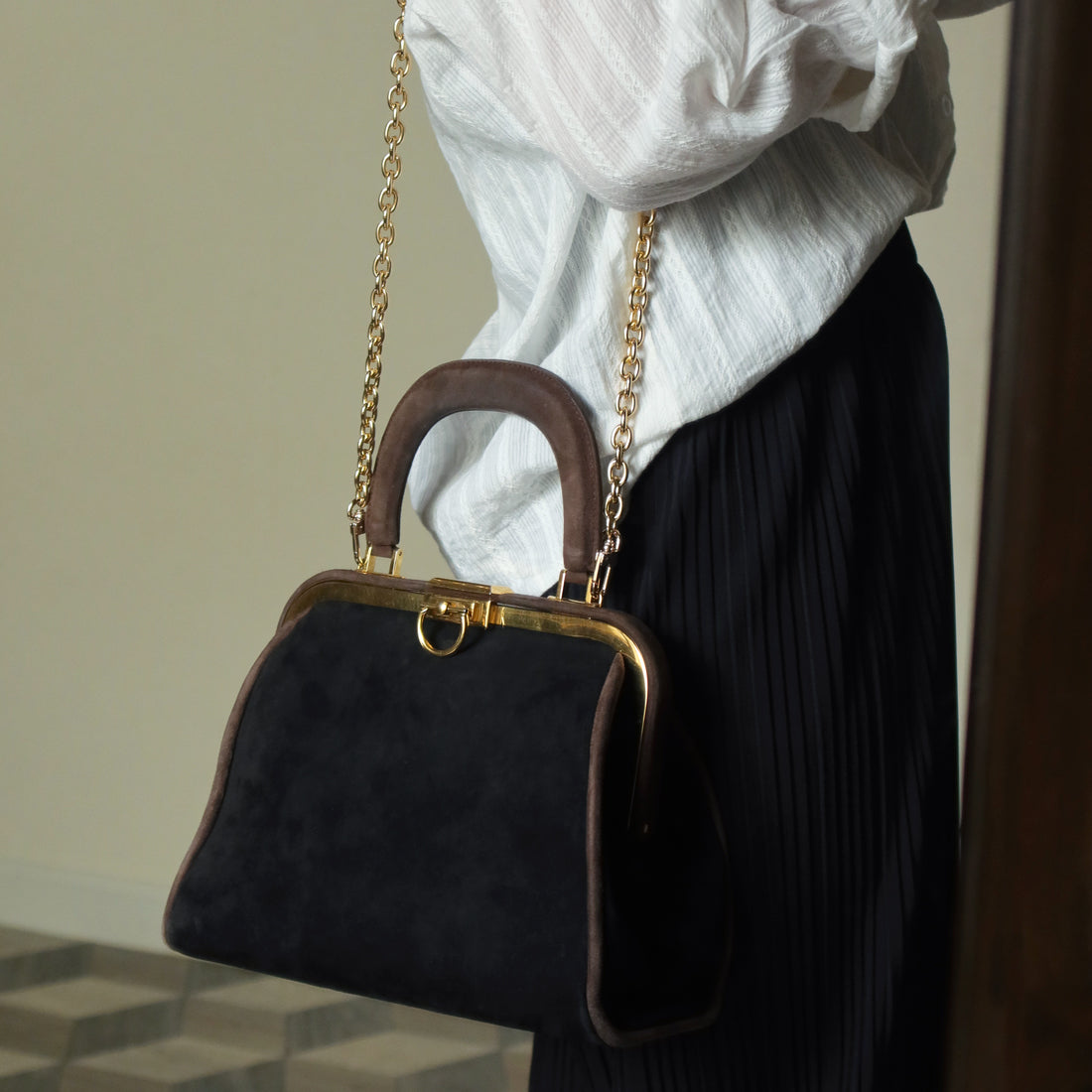 Vintage Christian Dior 90s Brown Black Suede Leather Kiss Lock 2-way Trapeze Bag