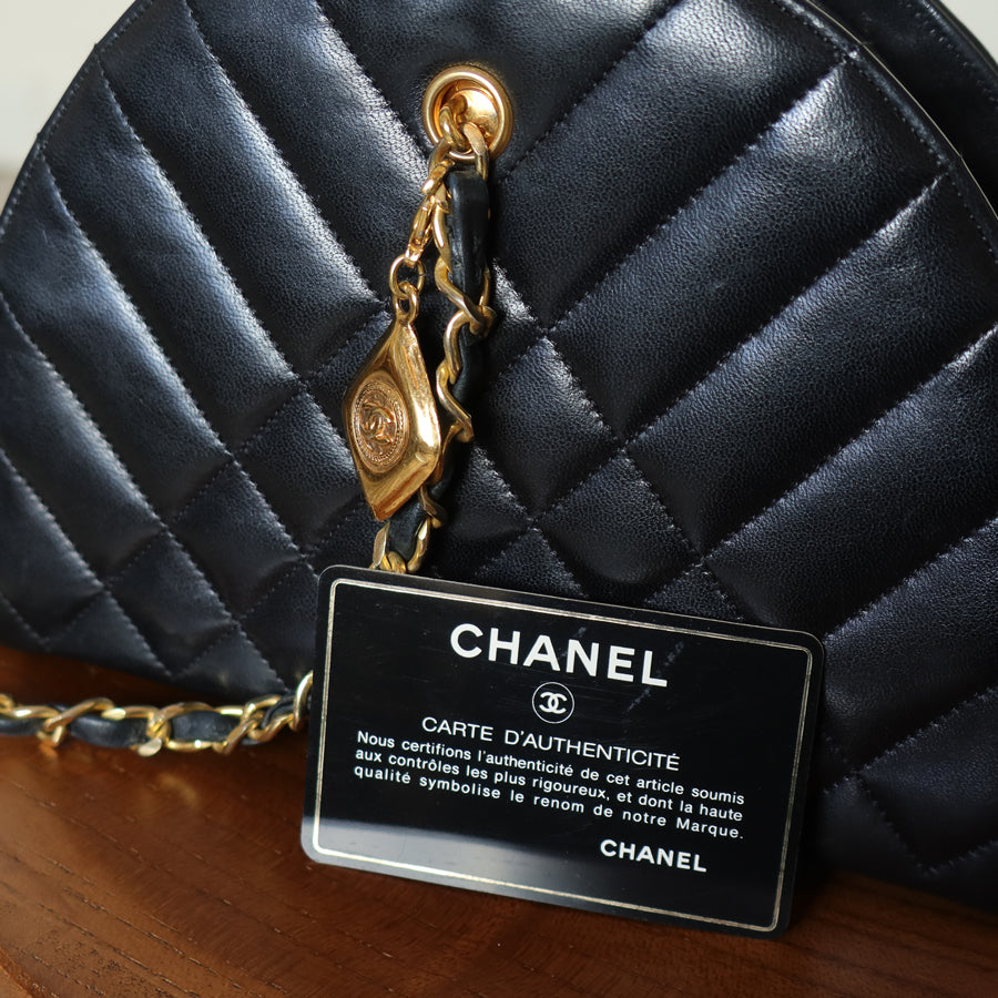 Chanel Vintage Black Lambskin Matelasse Quilted Half Moon Shoulder Bag