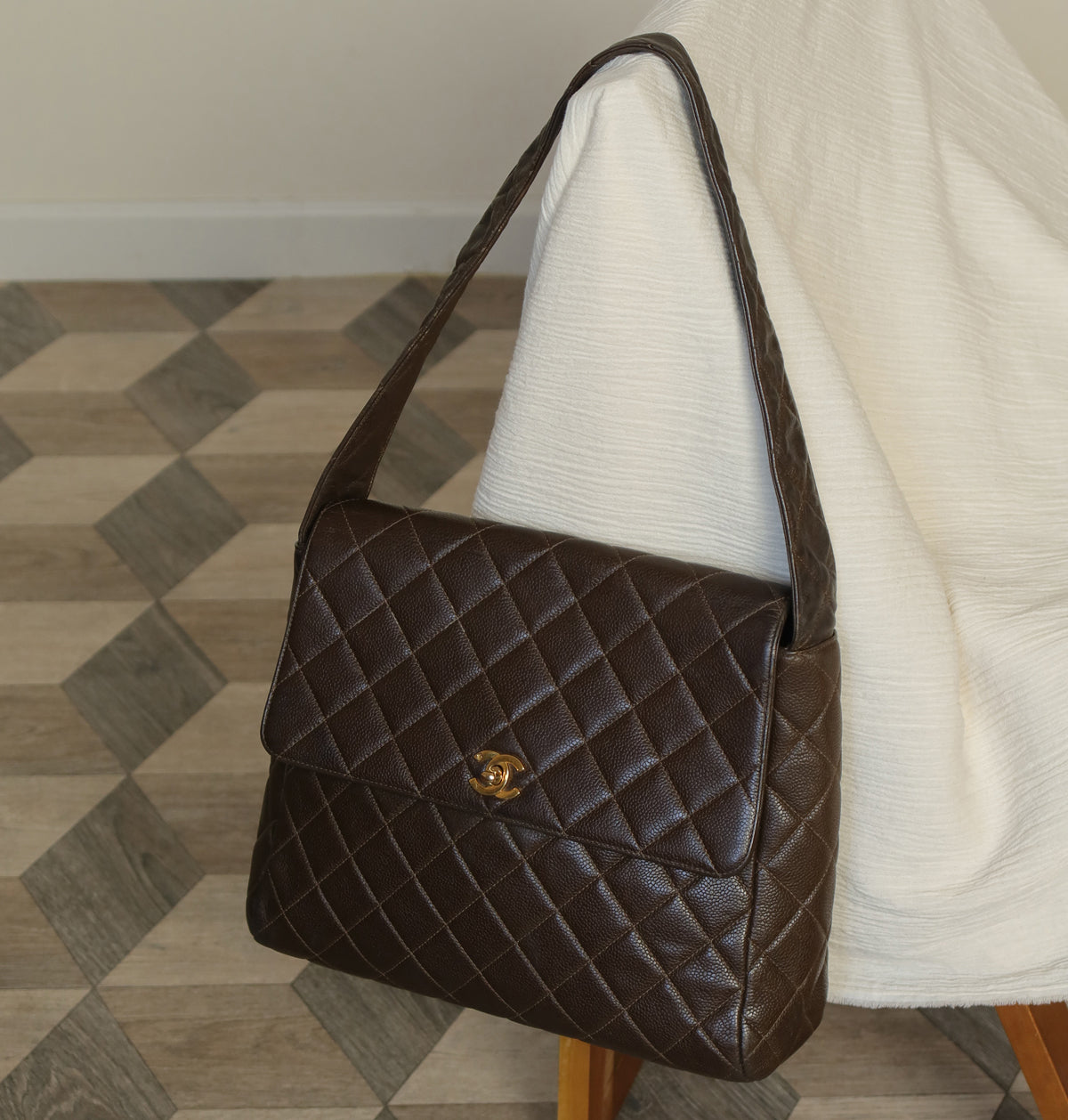 Vintage Chanel Dark Brown Caviar Leather Quilted CC turn lock Shoulder Flap Bag