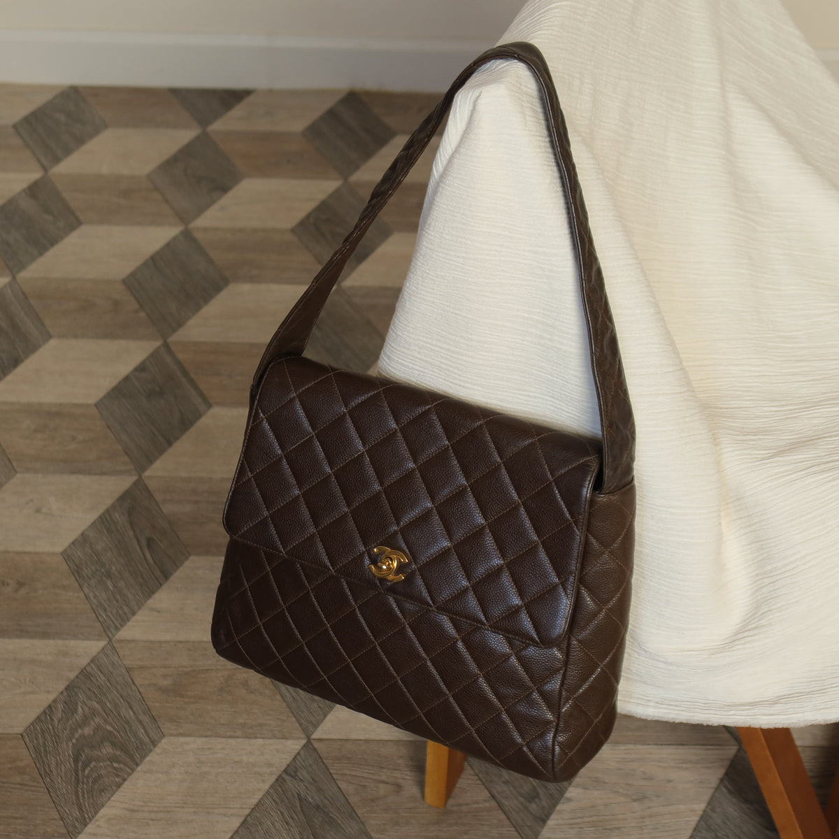 Vintage Chanel Dark Brown Caviar Leather Quilted CC turn lock Shoulder Flap Bag