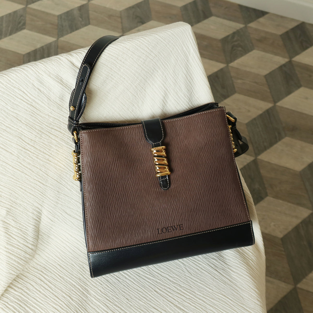 Loewe Vintage Dark Brown Dual Tone Velazquez Leather Anagram Crossbody Bag