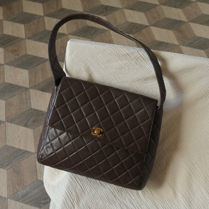 Vintage Chanel Dark Brown Caviar Leather Quilted CC turn lock Shoulder Flap Bag