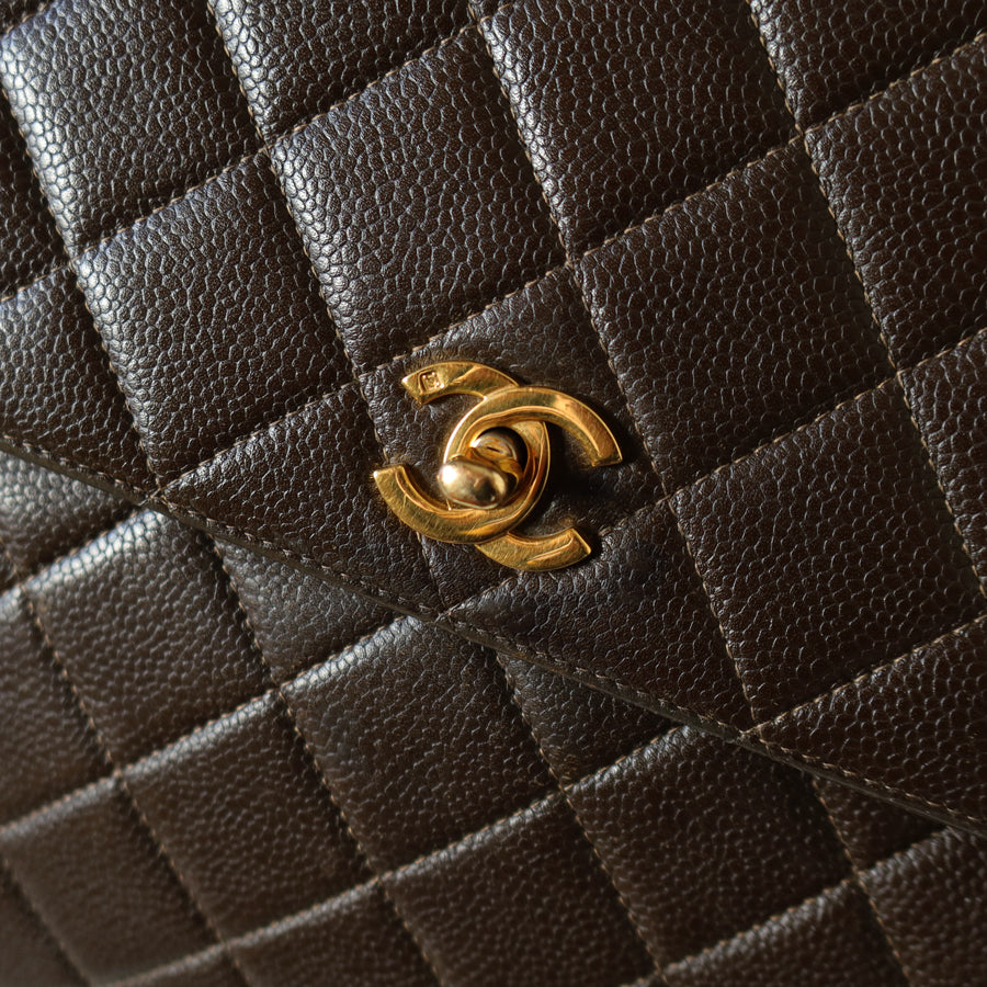 Vintage Chanel Dark Brown Caviar Leather Quilted CC turn lock Shoulder Flap Bag