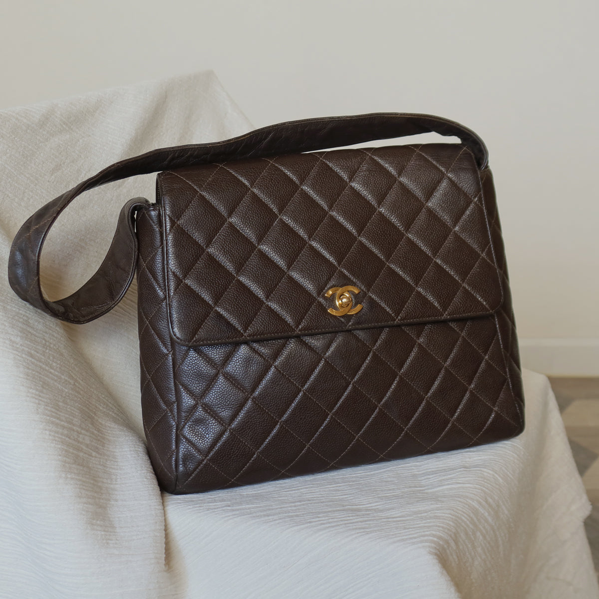 Vintage Chanel Dark Brown Caviar Leather Quilted CC turn lock Shoulder Flap Bag