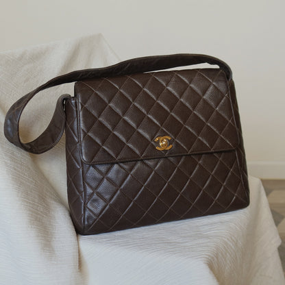 Vintage Chanel Dark Brown Caviar Leather Quilted CC turn lock Shoulder Flap Bag