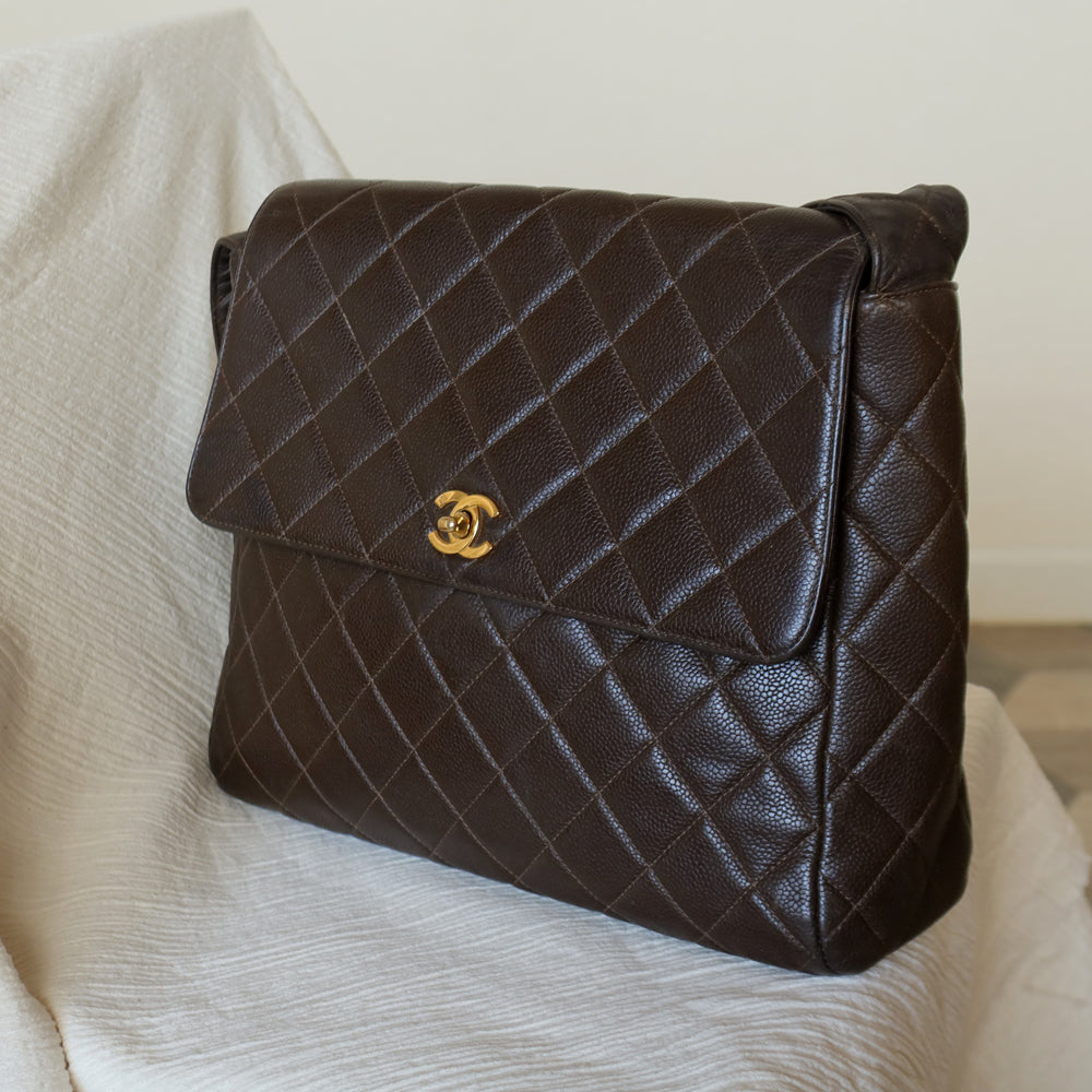 Vintage Chanel Dark Brown Caviar Leather Quilted CC turn lock Shoulder Flap Bag