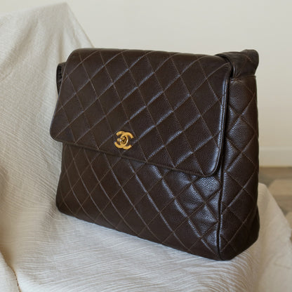 Vintage Chanel Dark Brown Caviar Leather Quilted CC turn lock Shoulder Flap Bag