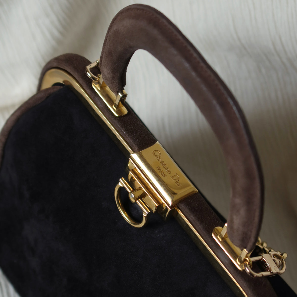 Vintage Christian Dior 90s Brown Black Suede Leather Kiss Lock 2-way Trapeze Bag
