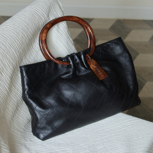 Chanel Vintage Black Lambskin Stitched Wood Resin Top Handle Weekend Bag