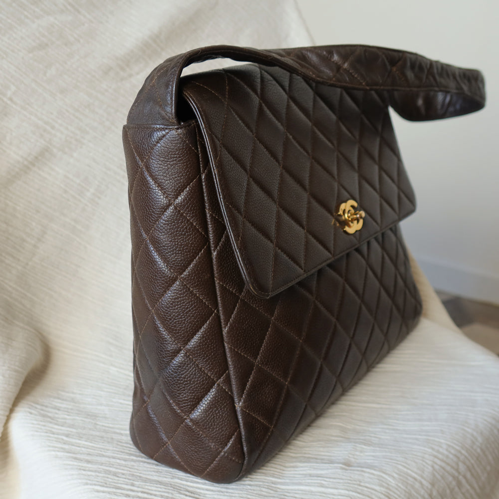 Vintage Chanel Dark Brown Caviar Leather Quilted CC turn lock Shoulder Flap Bag