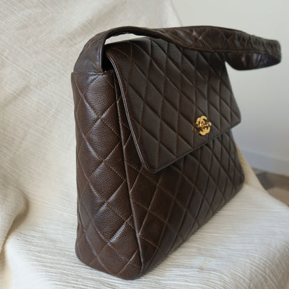 Vintage Chanel Dark Brown Caviar Leather Quilted CC turn lock Shoulder Flap Bag
