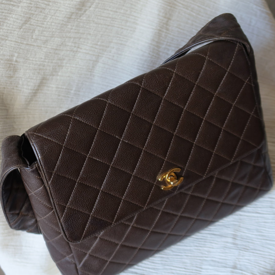 Vintage Chanel Dark Brown Caviar Leather Quilted CC turn lock Shoulder Flap Bag