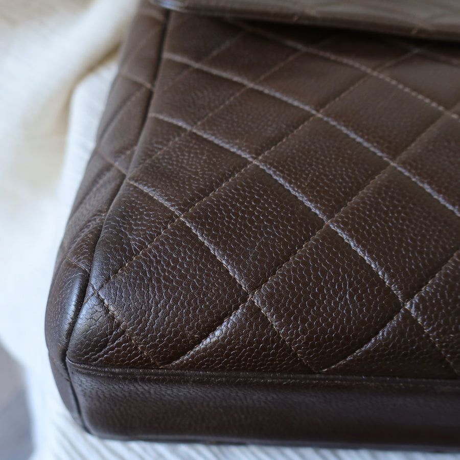 Vintage Chanel Dark Brown Caviar Leather Quilted CC turn lock Shoulder Flap Bag