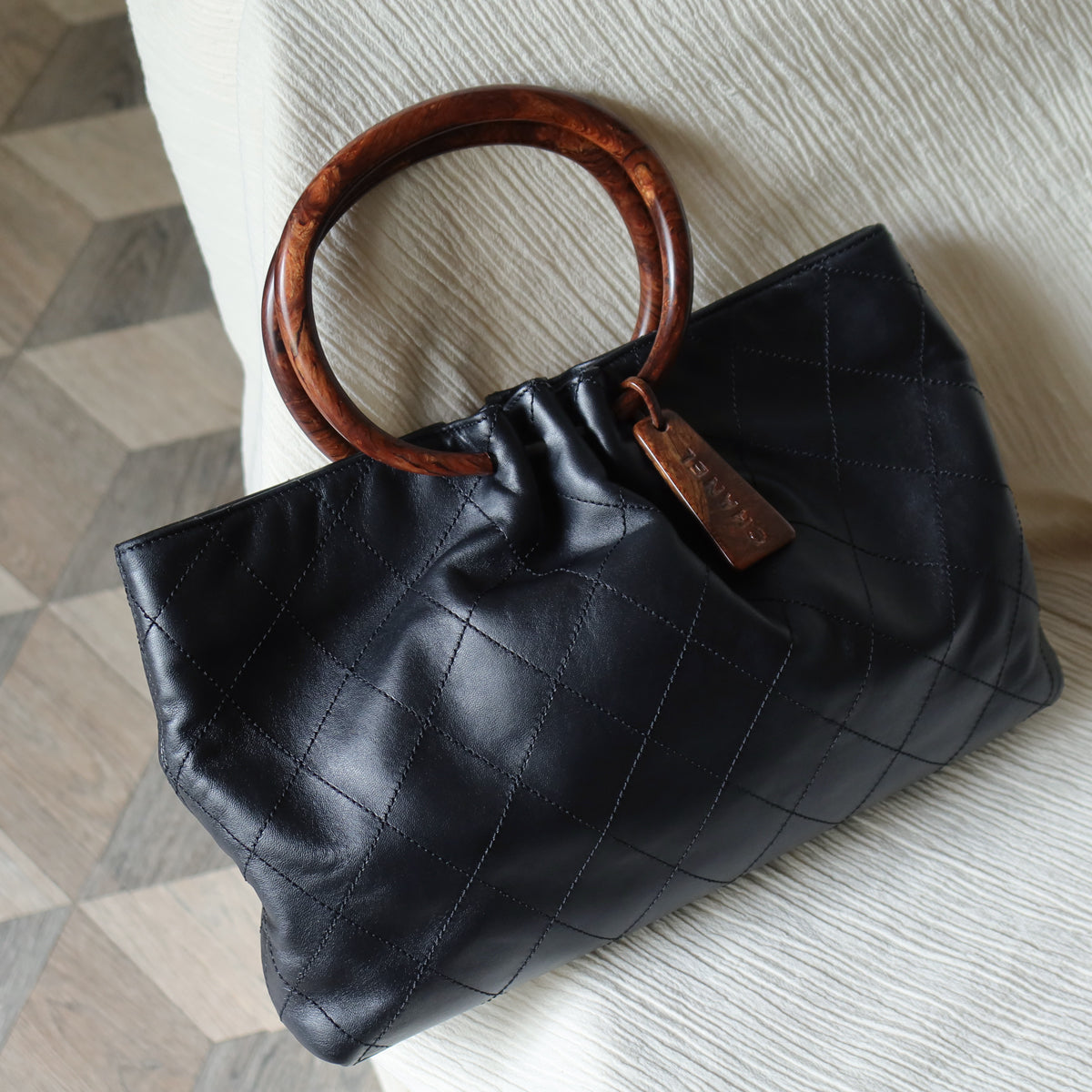 Chanel Vintage Black Lambskin Stitched Wood Resin Top Handle Weekend Bag