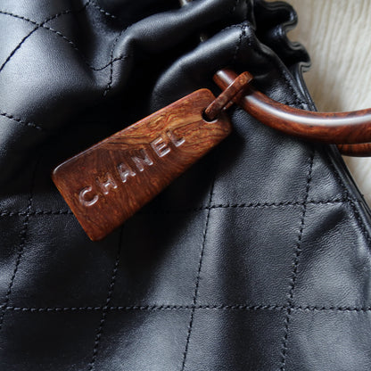 Chanel Vintage Black Lambskin Stitched Wood Resin Top Handle Weekend Bag