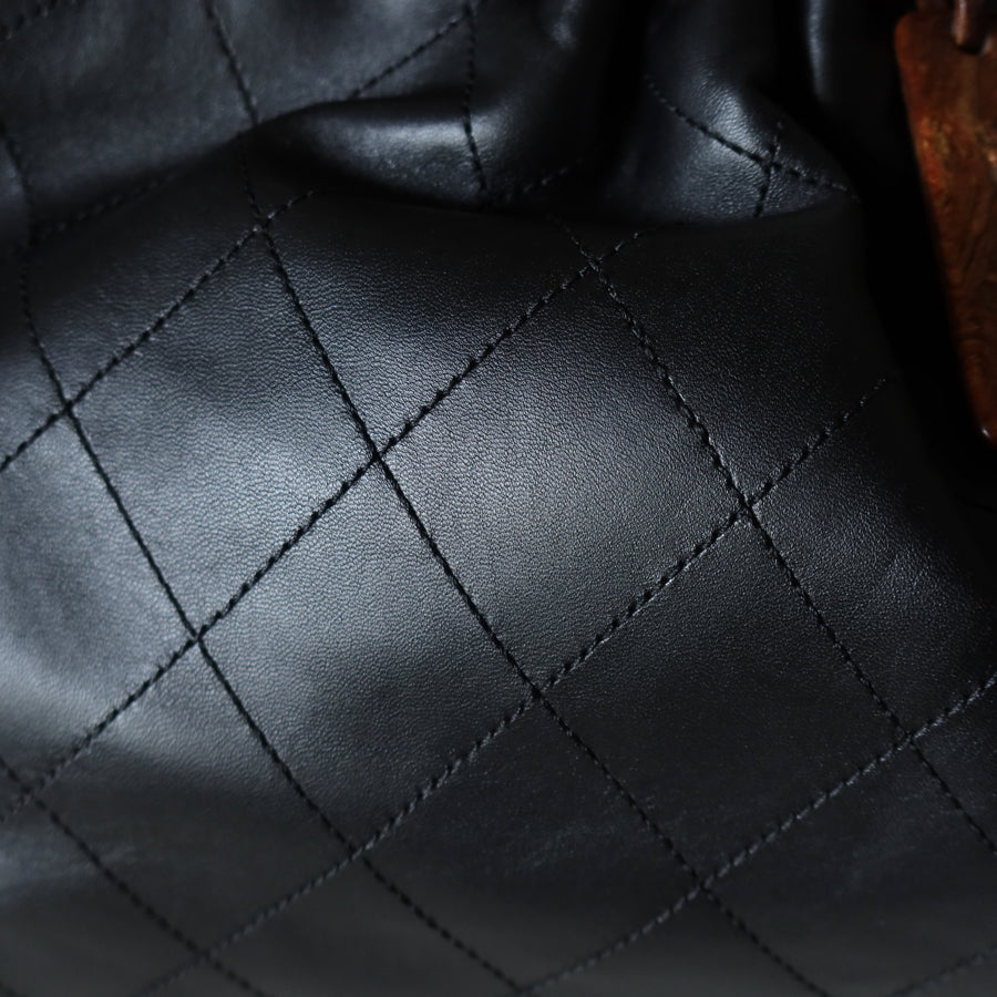 Chanel Vintage Black Lambskin Stitched Wood Resin Top Handle Weekend Bag