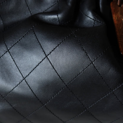 Chanel Vintage Black Lambskin Stitched Wood Resin Top Handle Weekend Bag