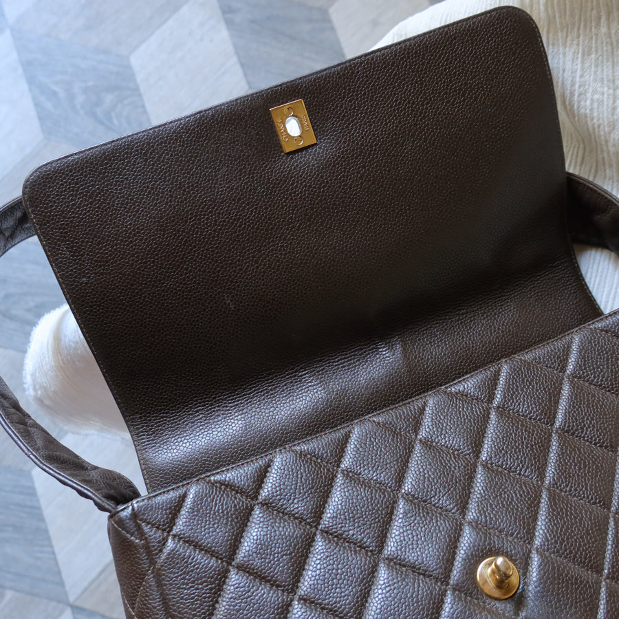 Vintage Chanel Dark Brown Caviar Leather Quilted CC turn lock Shoulder Flap Bag