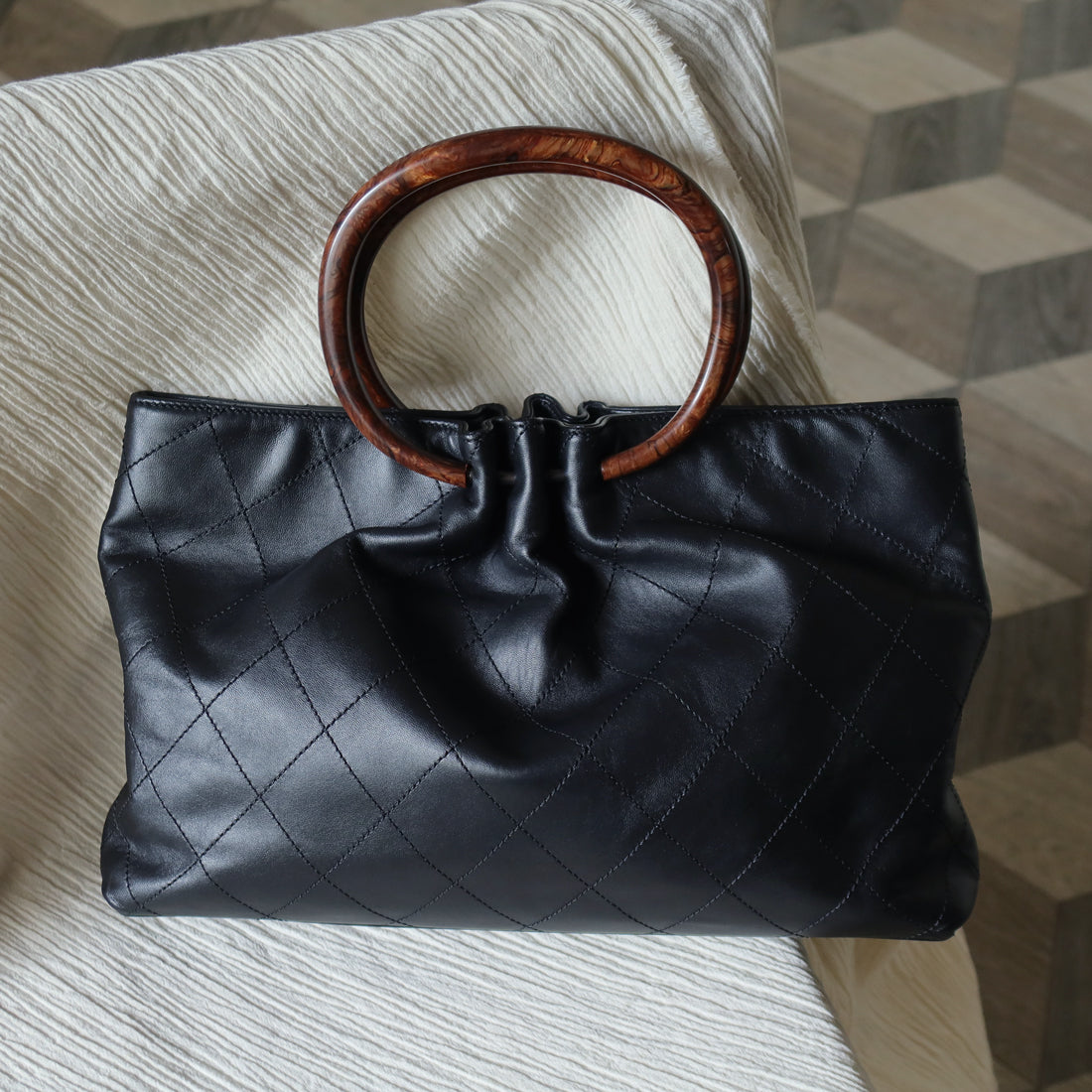 Chanel Vintage Black Lambskin Stitched Wood Resin Top Handle Weekend Bag