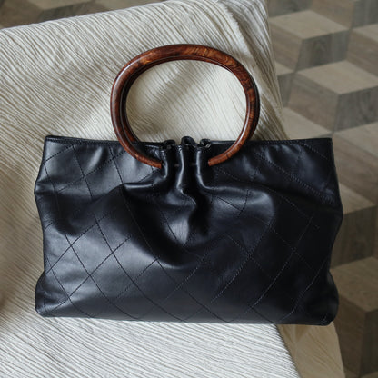 Chanel Vintage Black Lambskin Stitched Wood Resin Top Handle Weekend Bag