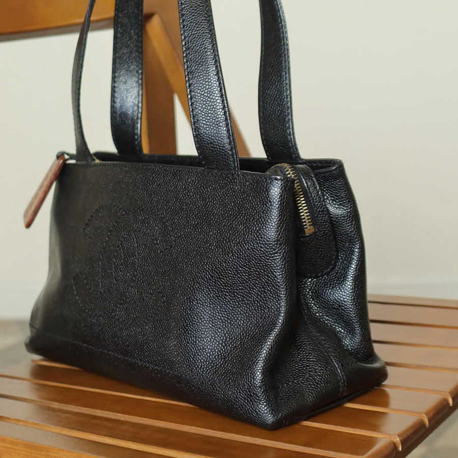 Chanel Vintage Black Caviar Leather CC Mark Charm East west Shoulder Bag M