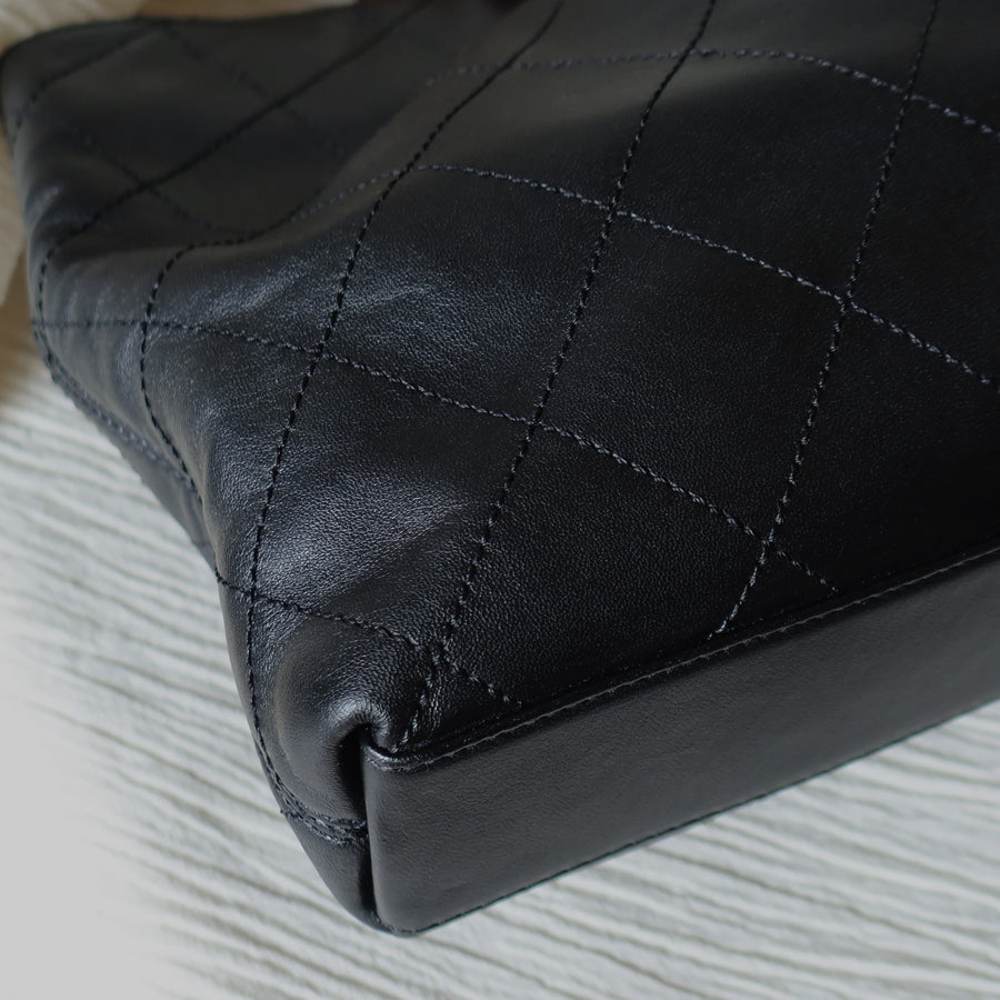 Chanel Vintage Black Lambskin Stitched Wood Resin Top Handle Weekend Bag