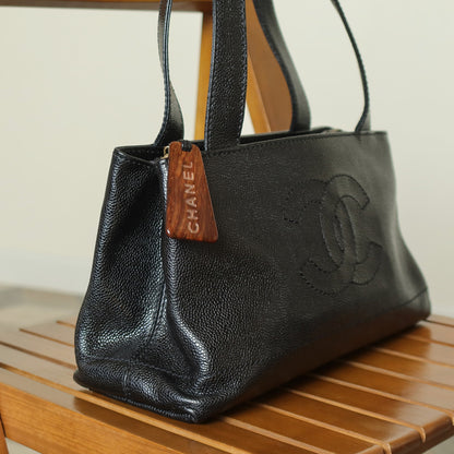 Chanel Vintage Black Caviar Leather CC Mark Charm East west Shoulder Bag M