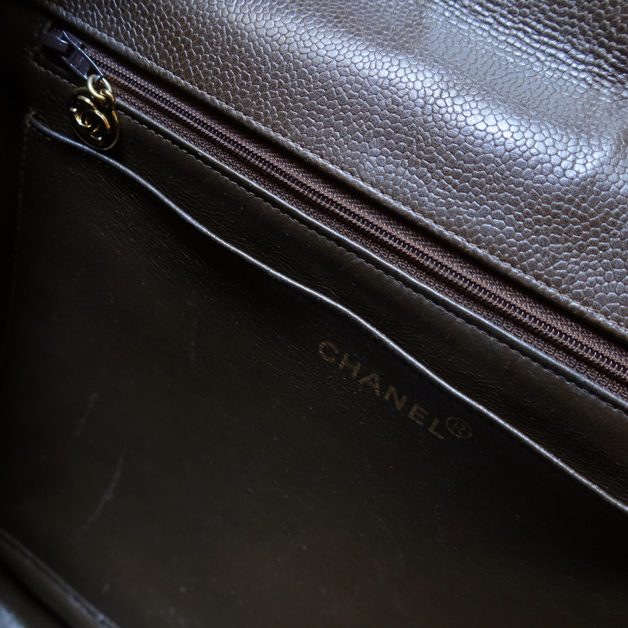 Vintage Chanel Dark Brown Caviar Leather Quilted CC turn lock Shoulder Flap Bag