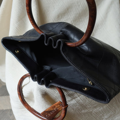 Chanel Vintage Black Lambskin Stitched Wood Resin Top Handle Weekend Bag
