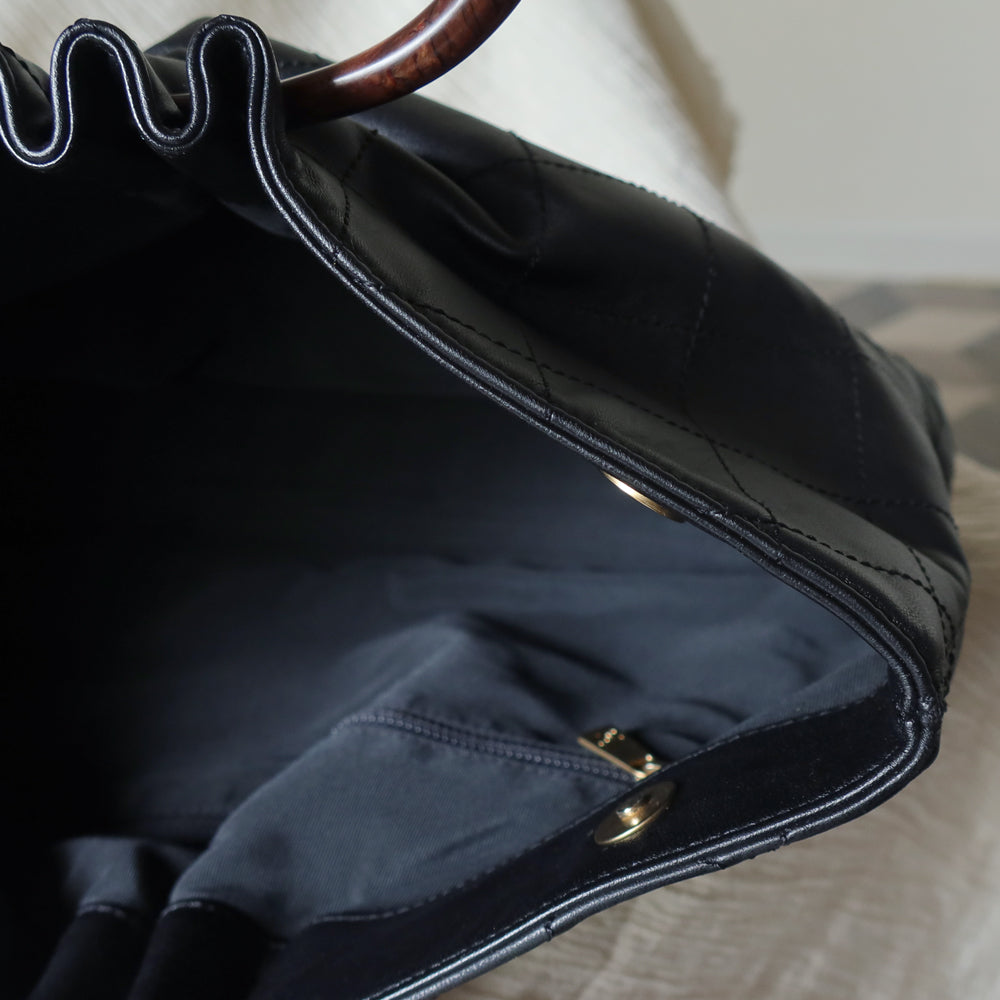 Chanel Vintage Black Lambskin Stitched Wood Resin Top Handle Weekend Bag